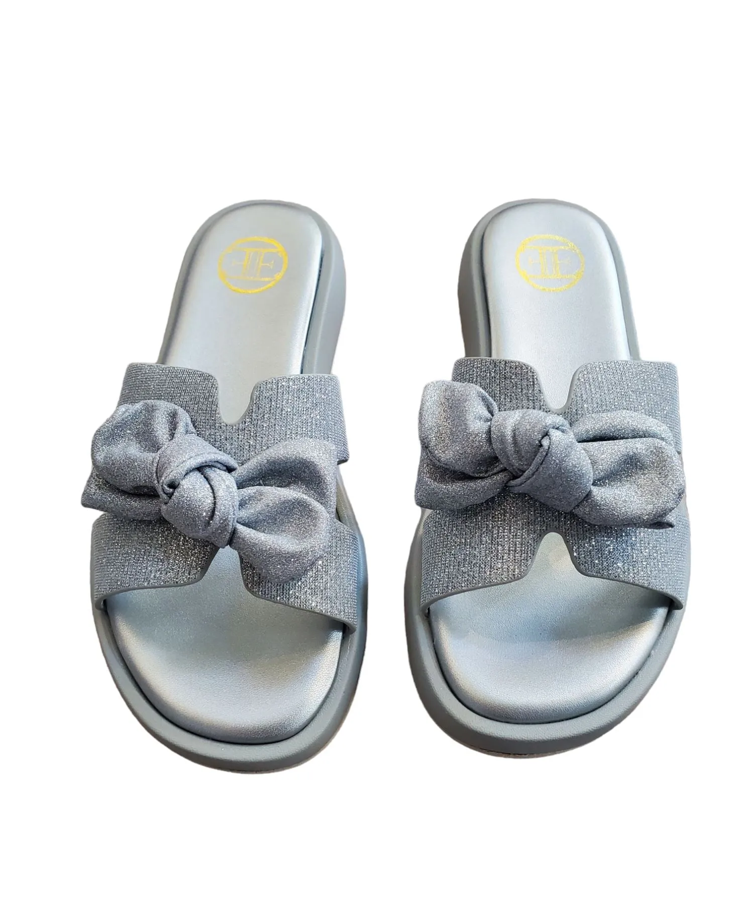 SPARKLE OPEN TOE SILVER SLIP ON WITH BOW