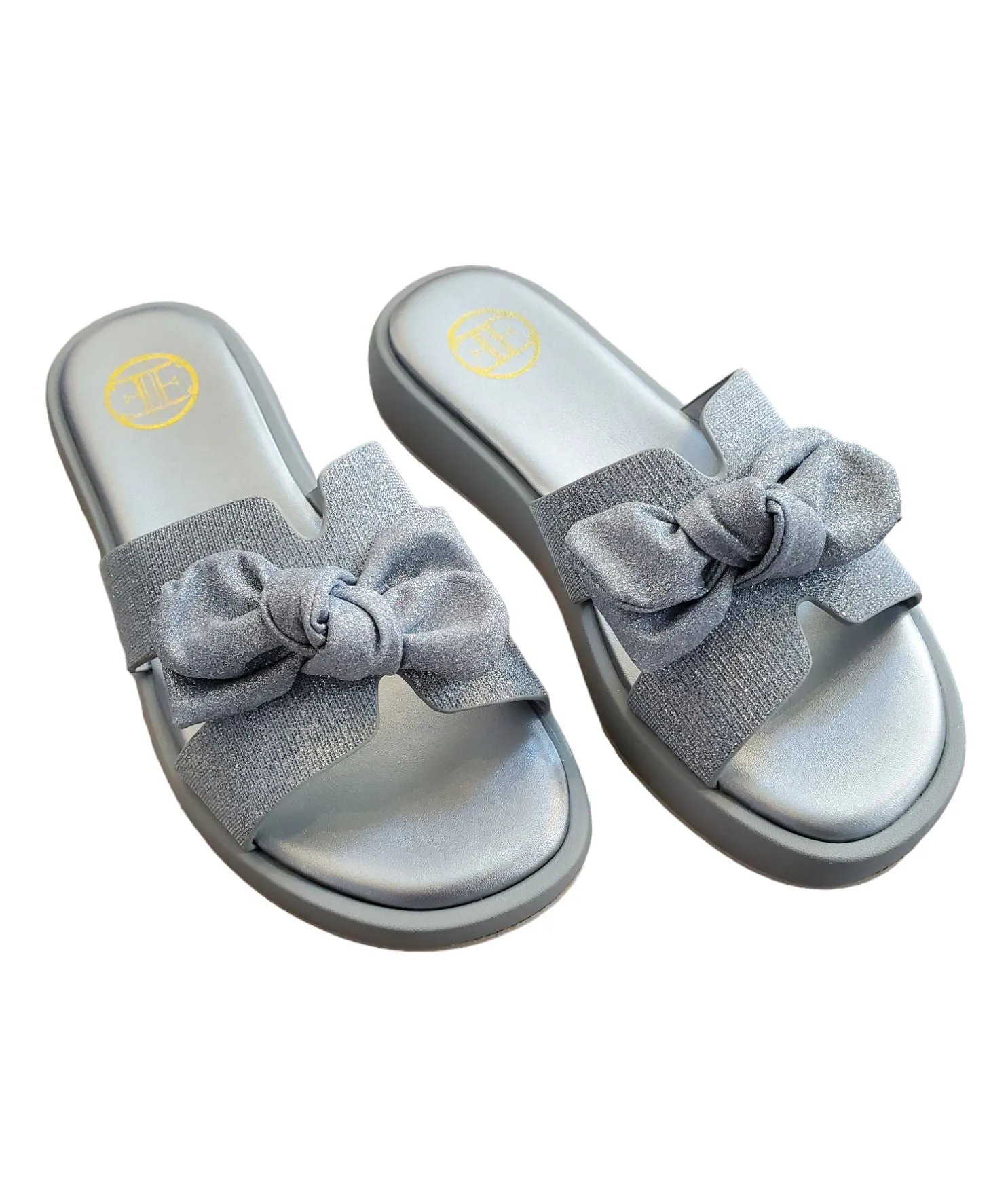 SPARKLE OPEN TOE SILVER SLIP ON WITH BOW