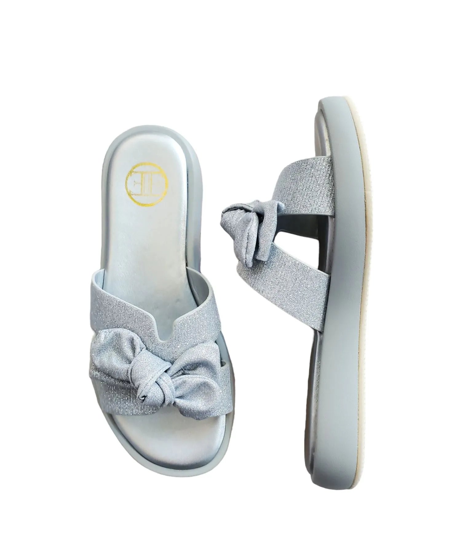 SPARKLE OPEN TOE SILVER SLIP ON WITH BOW