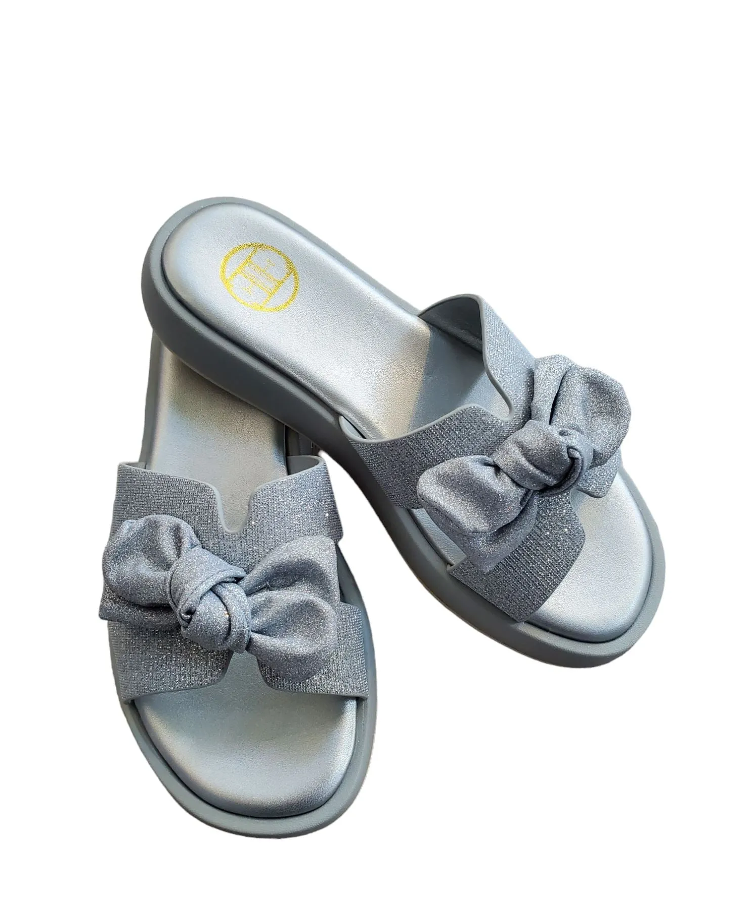 SPARKLE OPEN TOE SILVER SLIP ON WITH BOW