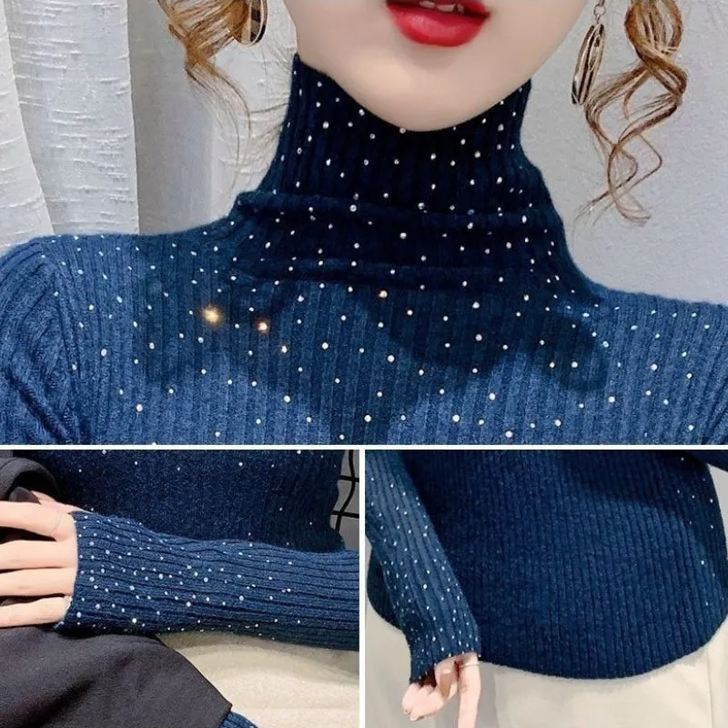 Sparkling Rhinestone Knitted Turtleneck Pullover Sweaters