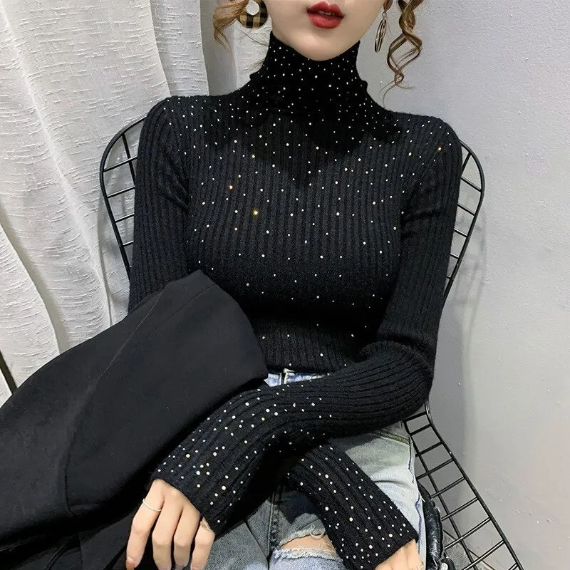 Sparkling Rhinestone Knitted Turtleneck Pullover Sweaters