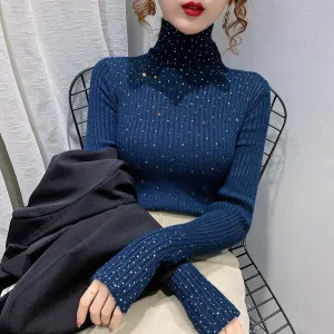 Sparkling Rhinestone Knitted Turtleneck Pullover Sweaters