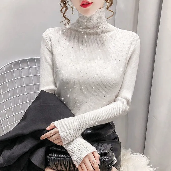 Sparkling Rhinestone Knitted Turtleneck Pullover Sweaters