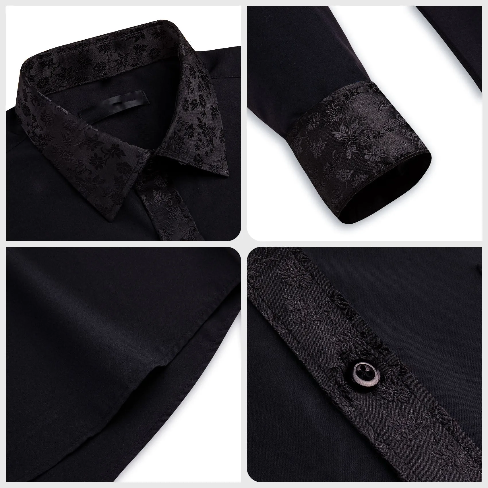 Splicing Style Black with Black Floral Edge Men's Long Sleeve Shirt