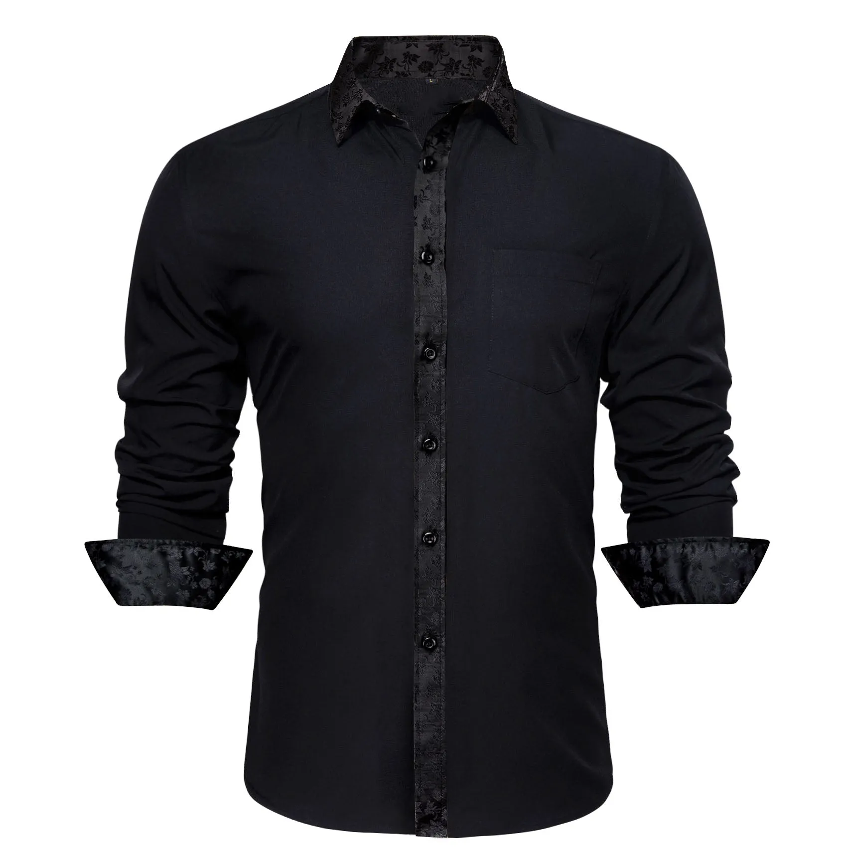 Splicing Style Black with Black Floral Edge Men's Long Sleeve Shirt