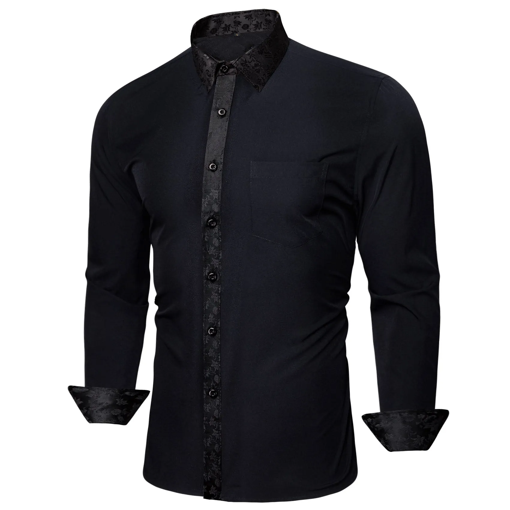 Splicing Style Black with Black Floral Edge Men's Long Sleeve Shirt