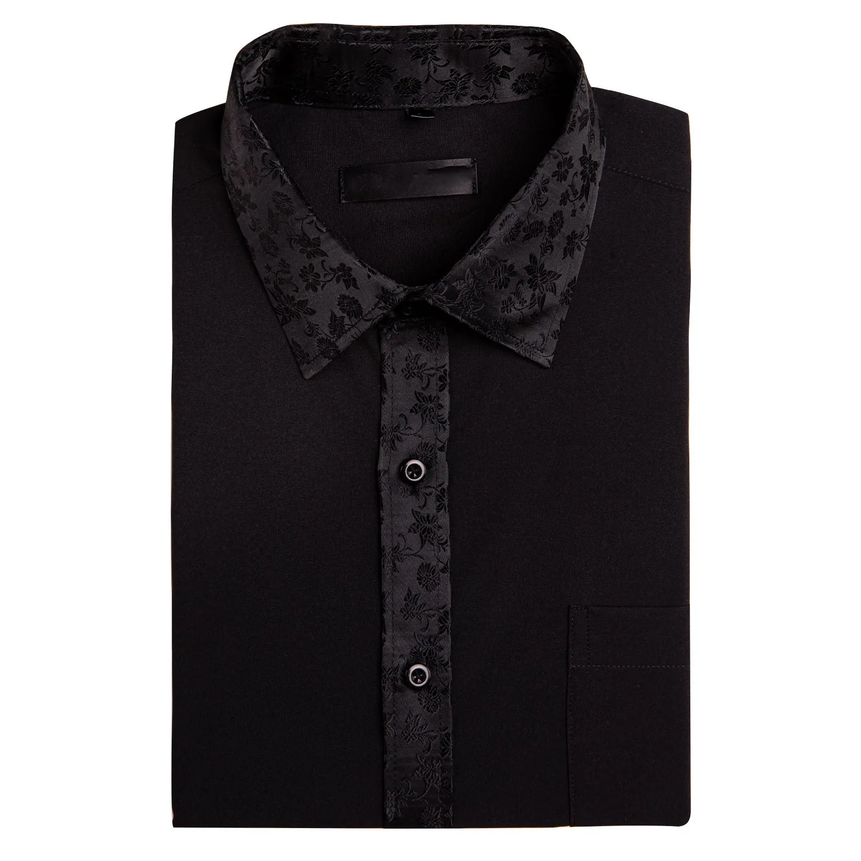 Splicing Style Black with Black Floral Edge Men's Long Sleeve Shirt