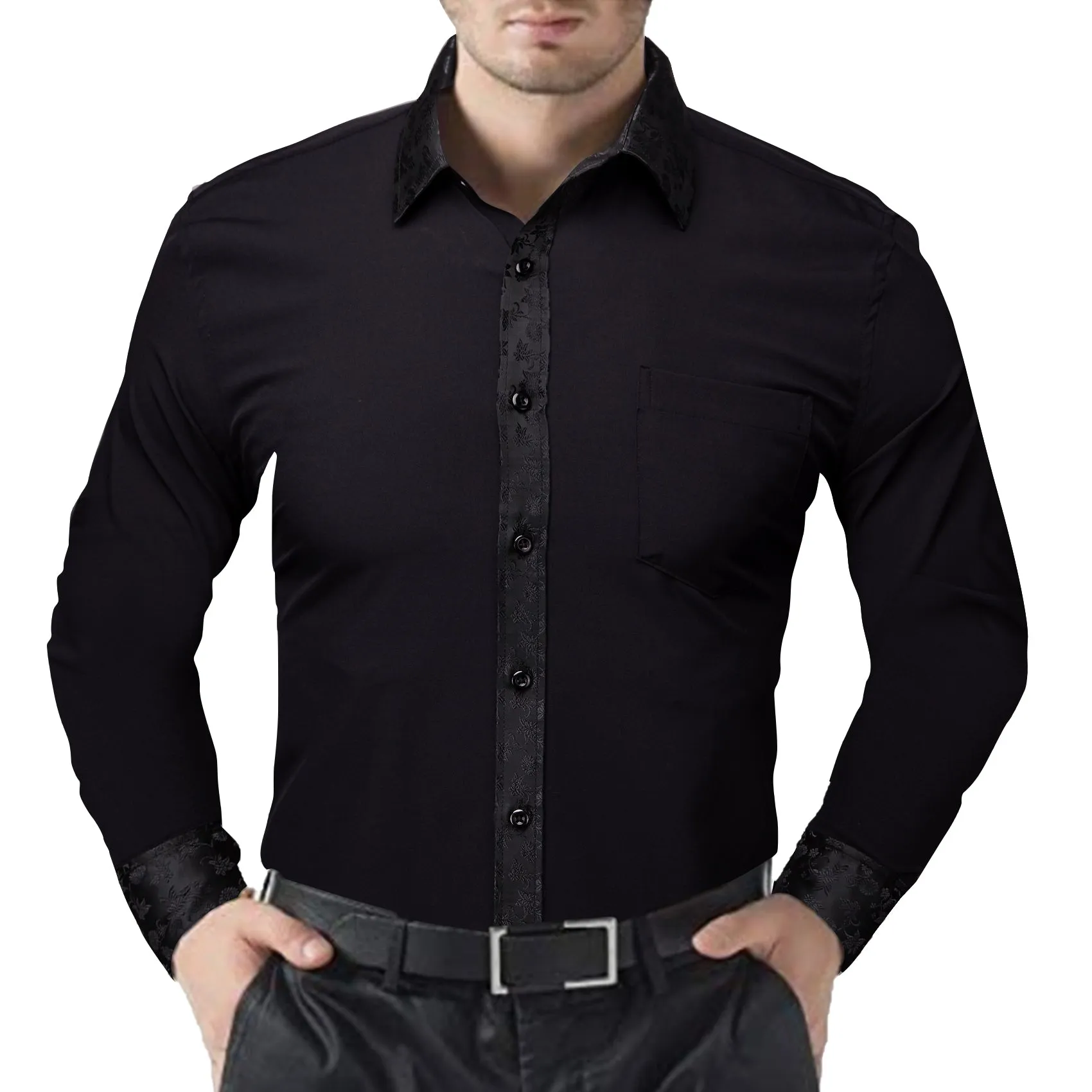 Splicing Style Black with Black Floral Edge Men's Long Sleeve Shirt