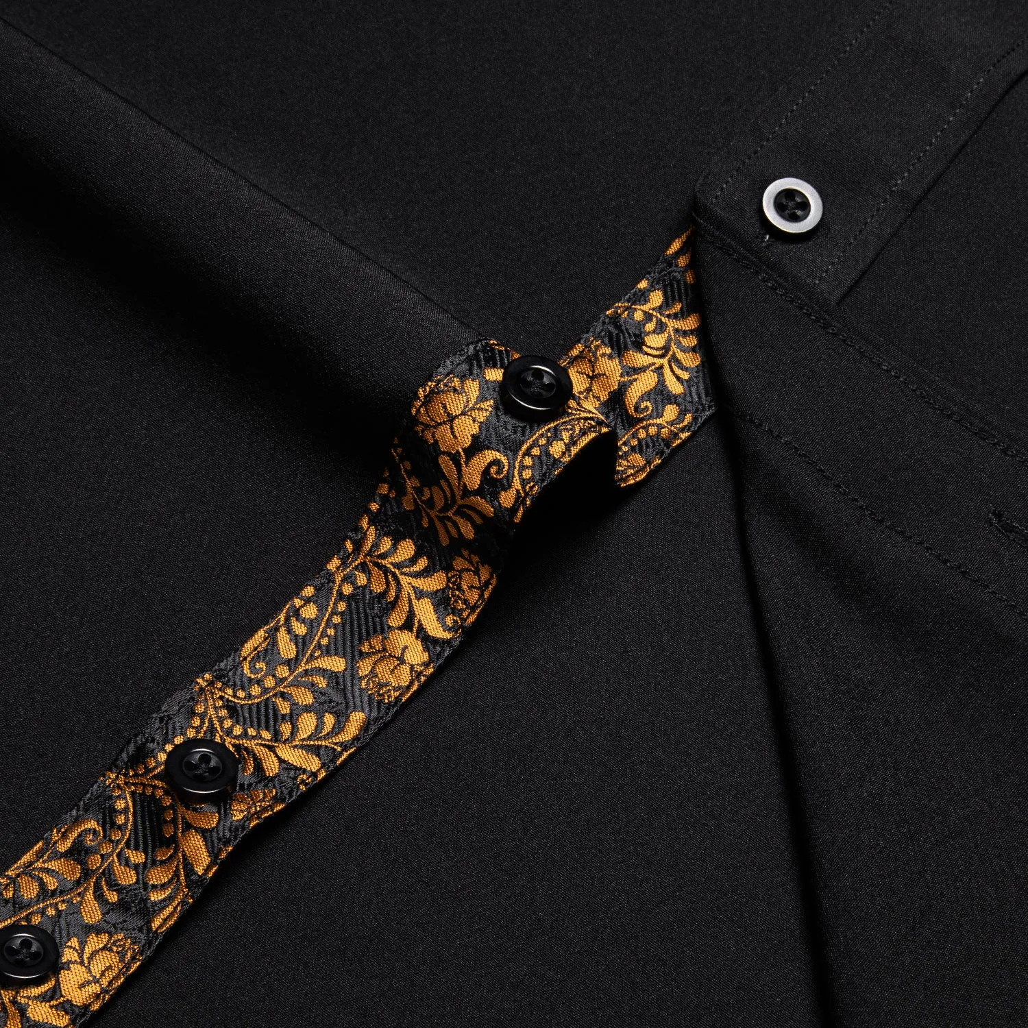 Splicing Style Black with Golden Floral Edge Men's Solid Long Sleeve Shirt