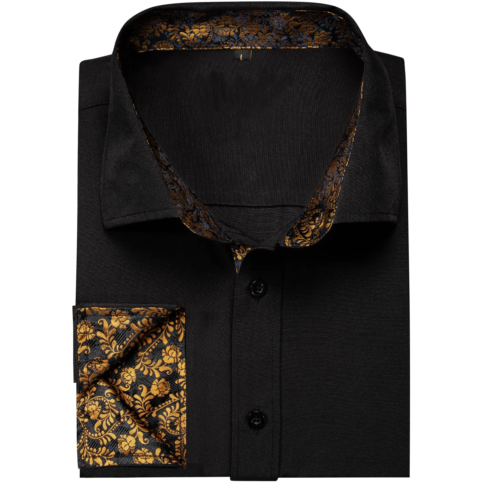 Splicing Style Black with Golden Floral Edge Men's Solid Long Sleeve Shirt