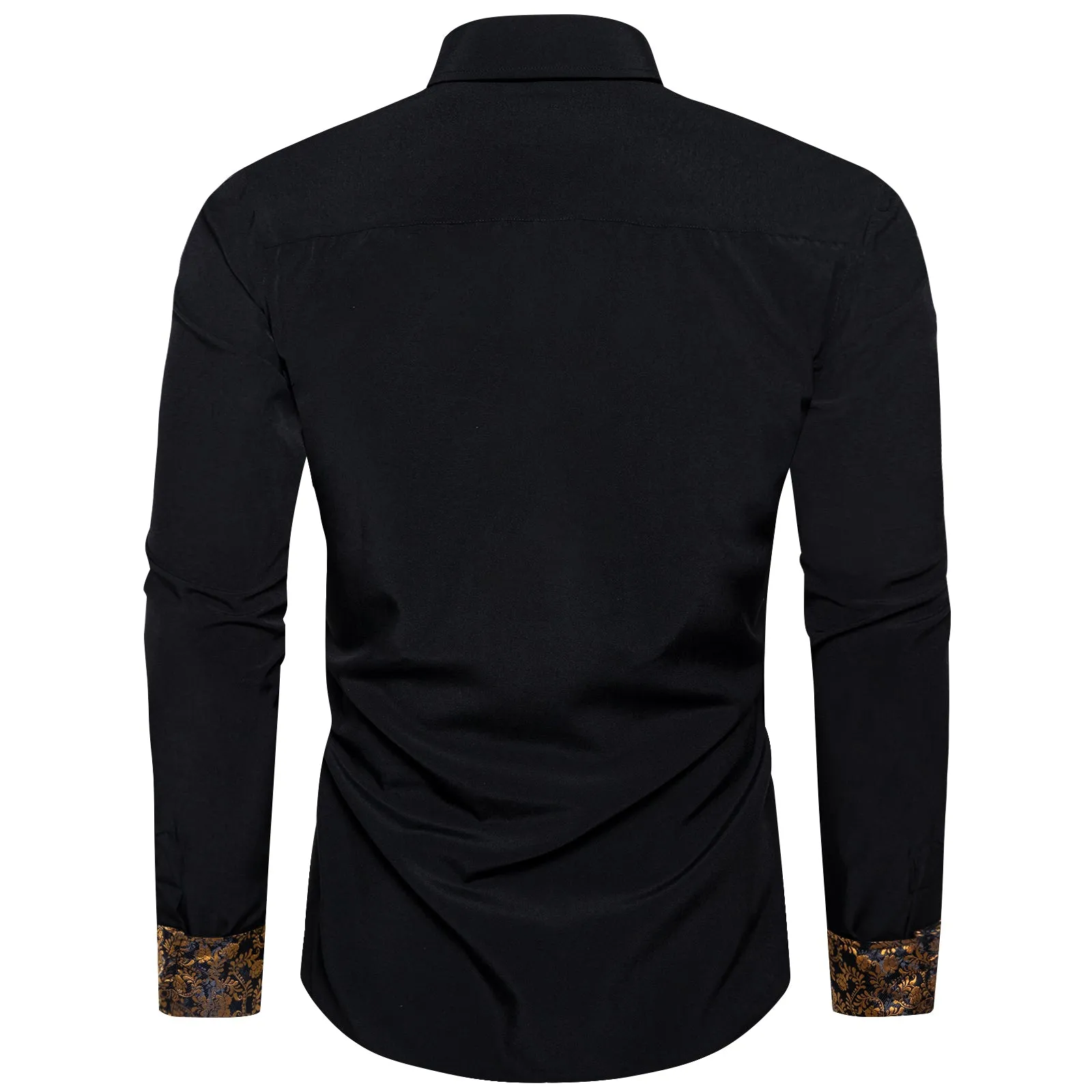 Splicing Style Black with Golden Floral Edge Men's Solid Long Sleeve Shirt