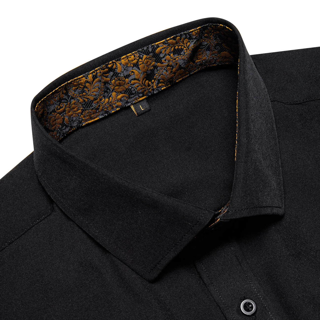 Splicing Style Black with Golden Floral Edge Men's Solid Long Sleeve Shirt