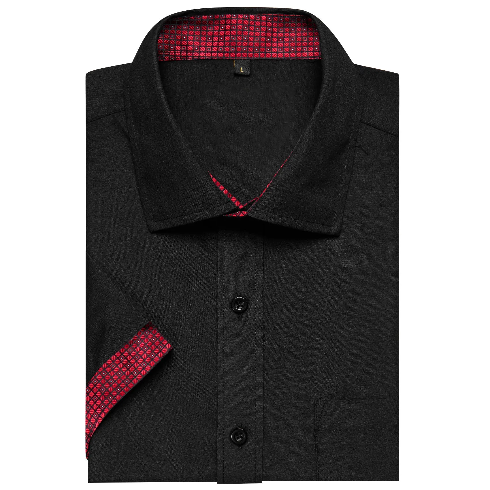 Splicing Style Black with Red Plaid Silk Men's Short Sleeve Shirt