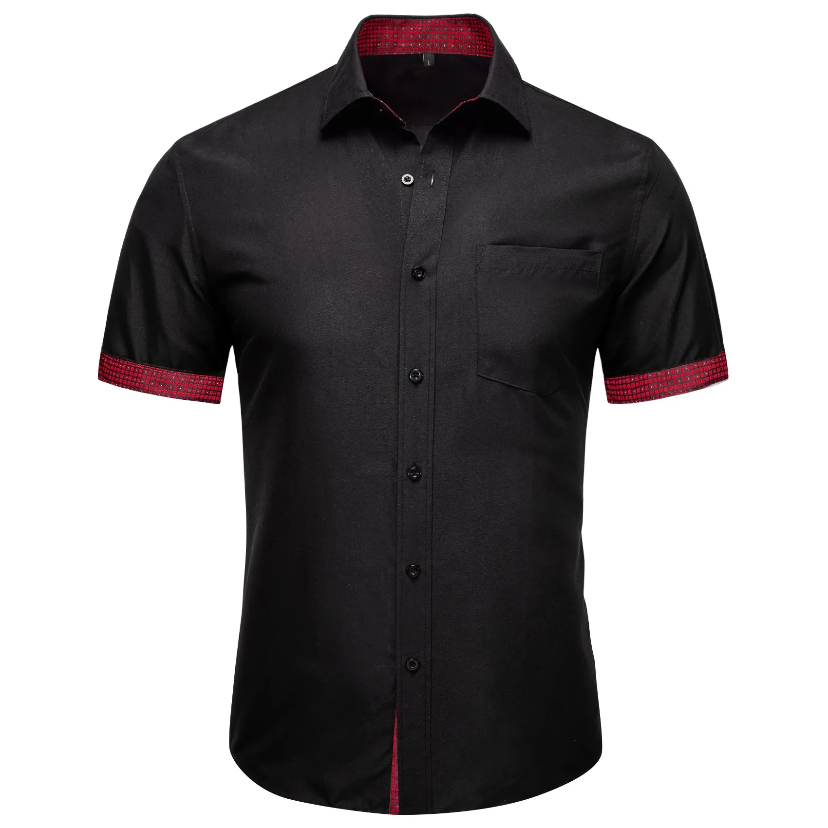 Splicing Style Black with Red Plaid Silk Men's Short Sleeve Shirt