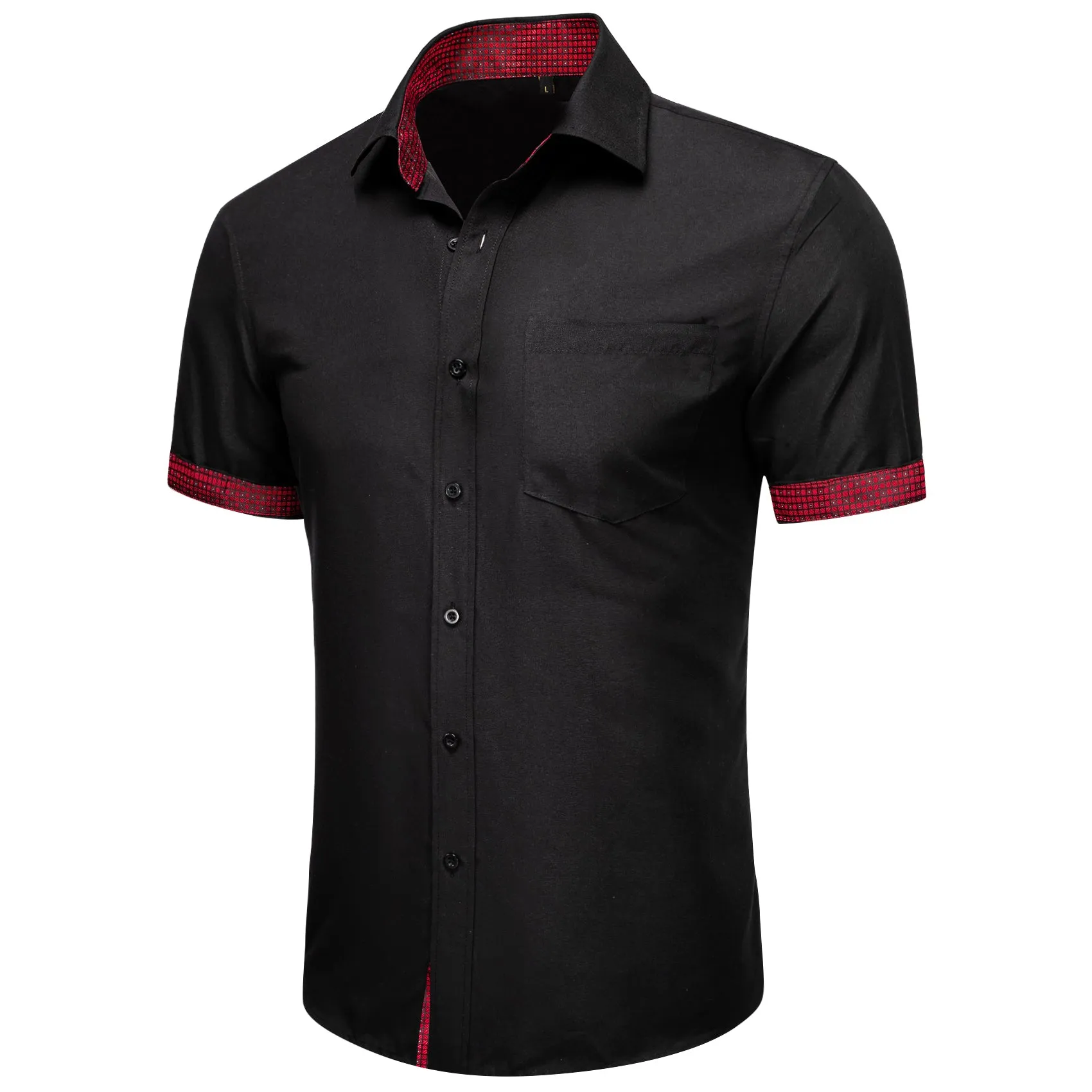 Splicing Style Black with Red Plaid Silk Men's Short Sleeve Shirt