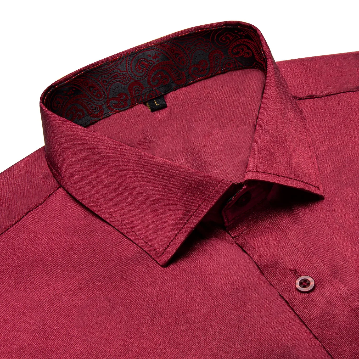 Splicing Style Burgundy Red with Red Paisley Edge Men's Solid Long Sleeve Shirt