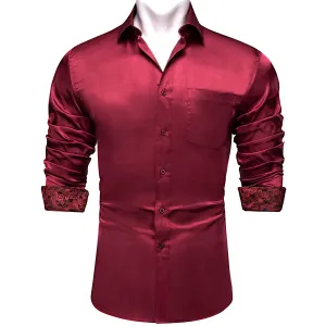 Splicing Style Burgundy Red with Red Paisley Edge Men's Solid Long Sleeve Shirt