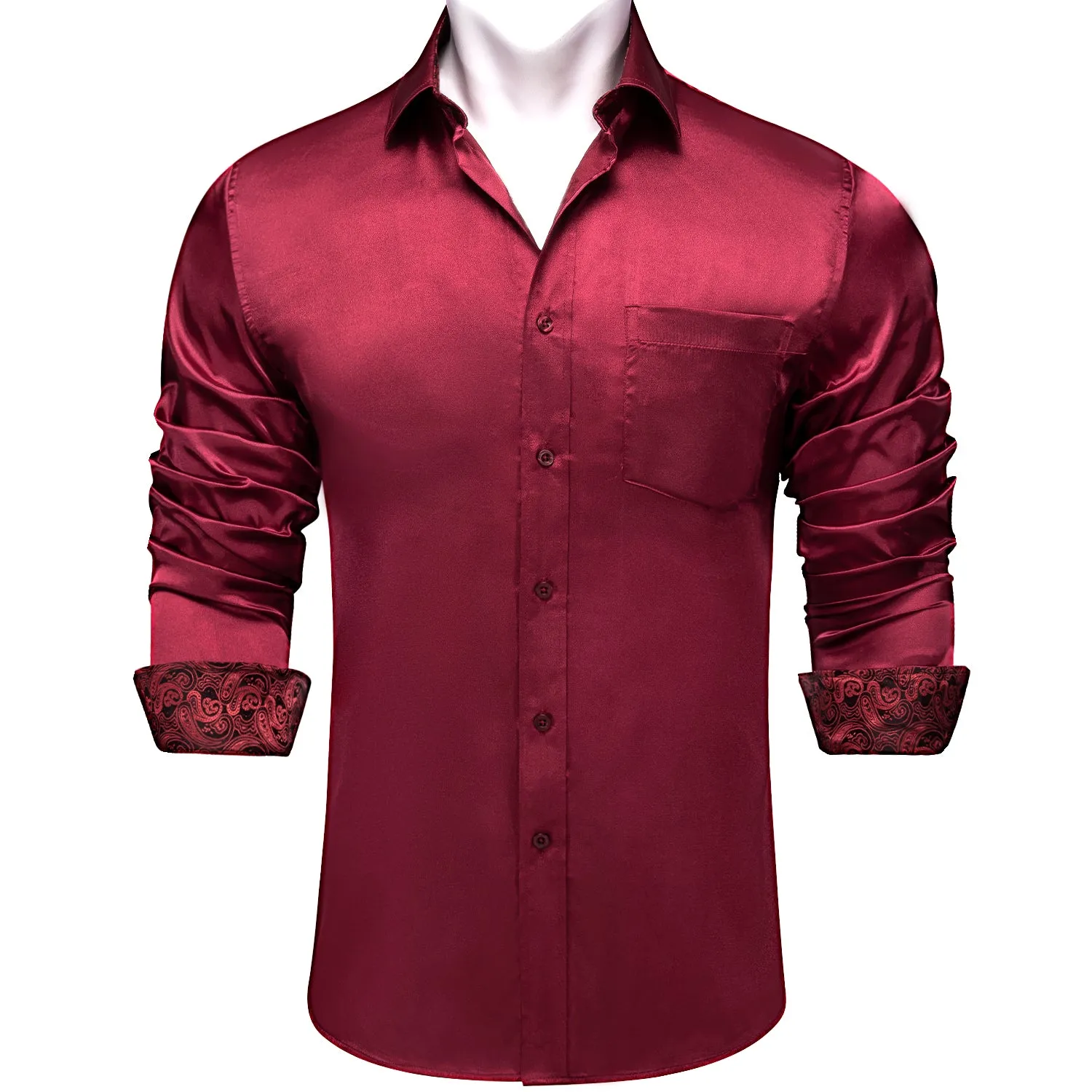 Splicing Style Burgundy Red with Red Paisley Edge Men's Solid Long Sleeve Shirt