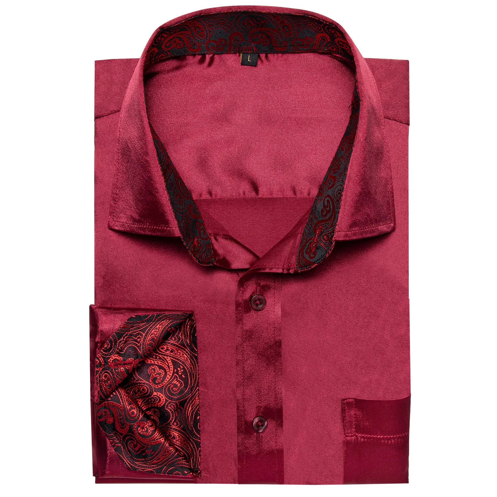 Splicing Style Burgundy Red with Red Paisley Edge Men's Solid Long Sleeve Shirt