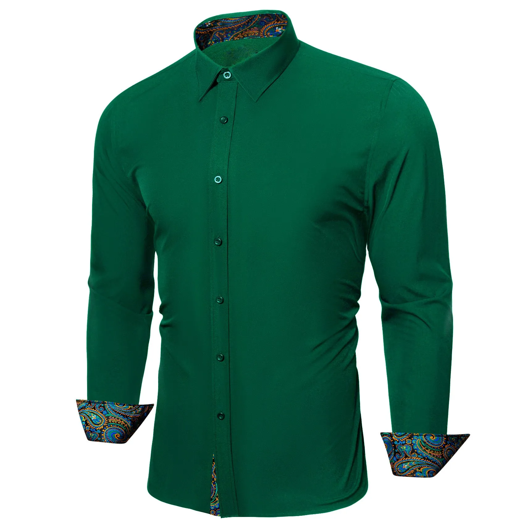 Splicing Style Dark Green with Multiple Color Paisley Edge Men's Long Sleeve Shirt