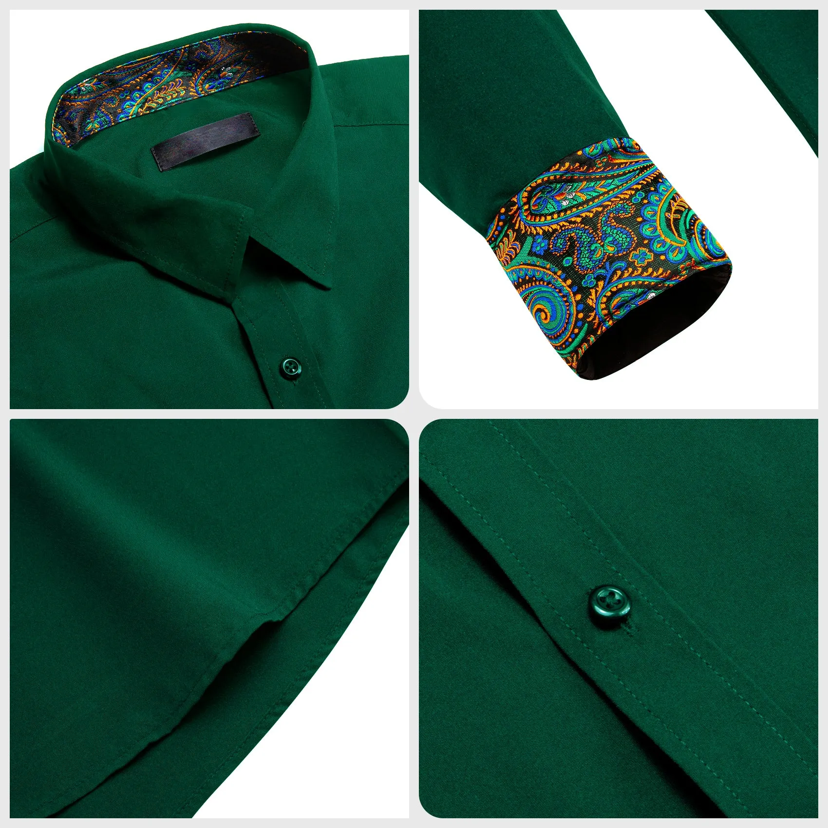 Splicing Style Dark Green with Multiple Color Paisley Edge Men's Long Sleeve Shirt