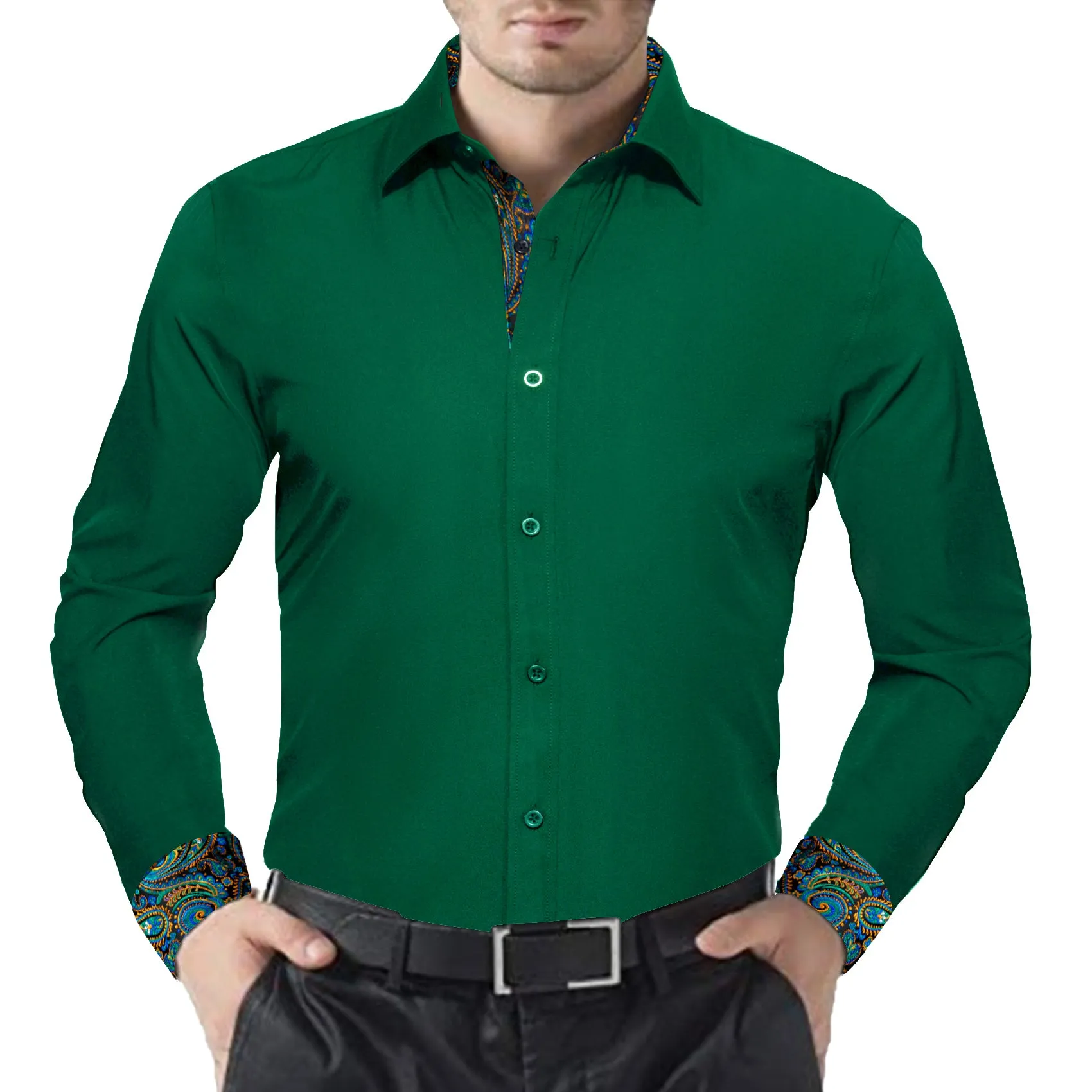 Splicing Style Dark Green with Multiple Color Paisley Edge Men's Long Sleeve Shirt