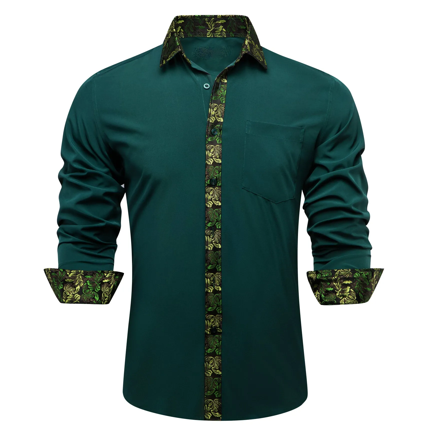 Splicing Style Dark Green with Yellow Green Floral Edge Men's Long Sleeve Shirt