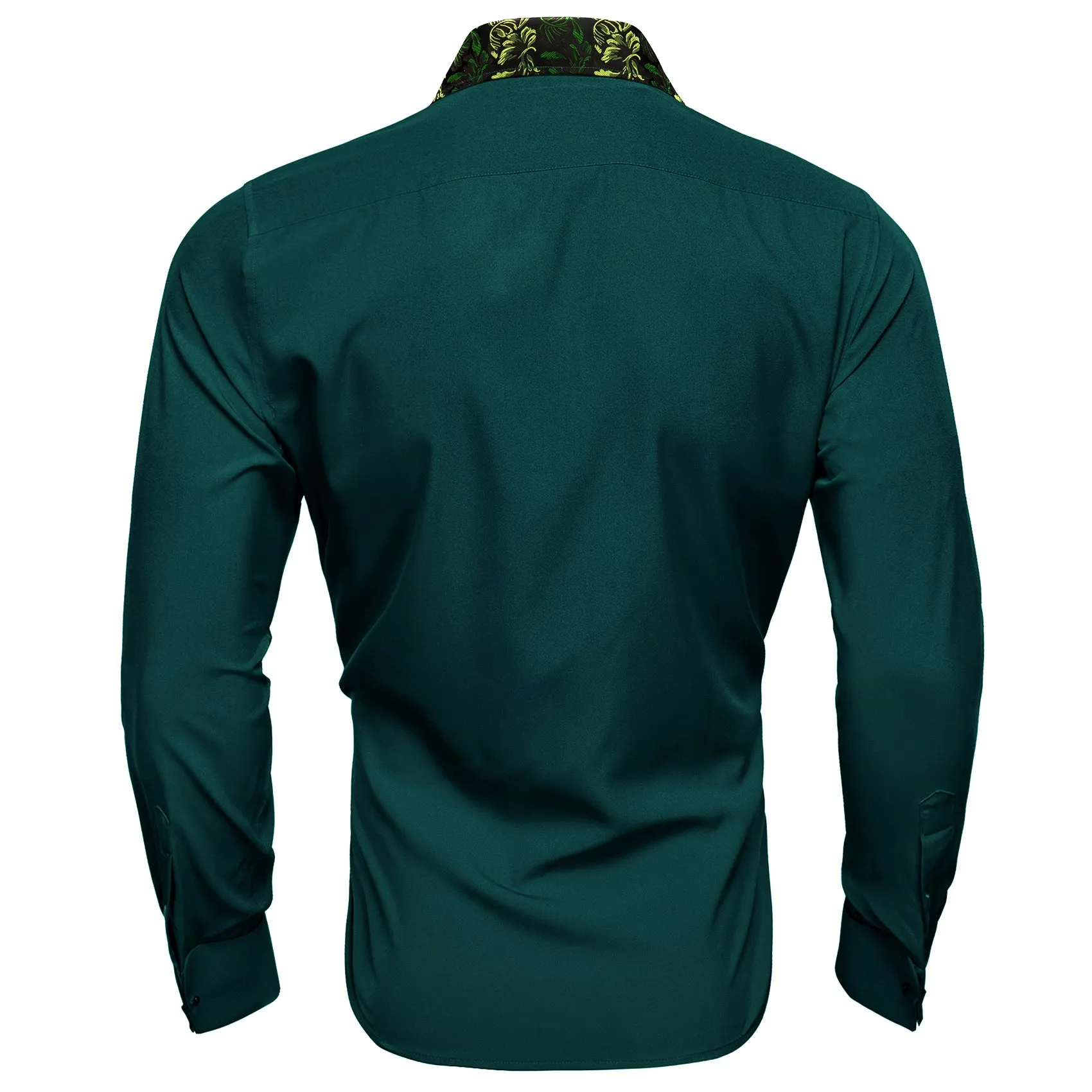 Splicing Style Dark Green with Yellow Green Floral Edge Men's Long Sleeve Shirt