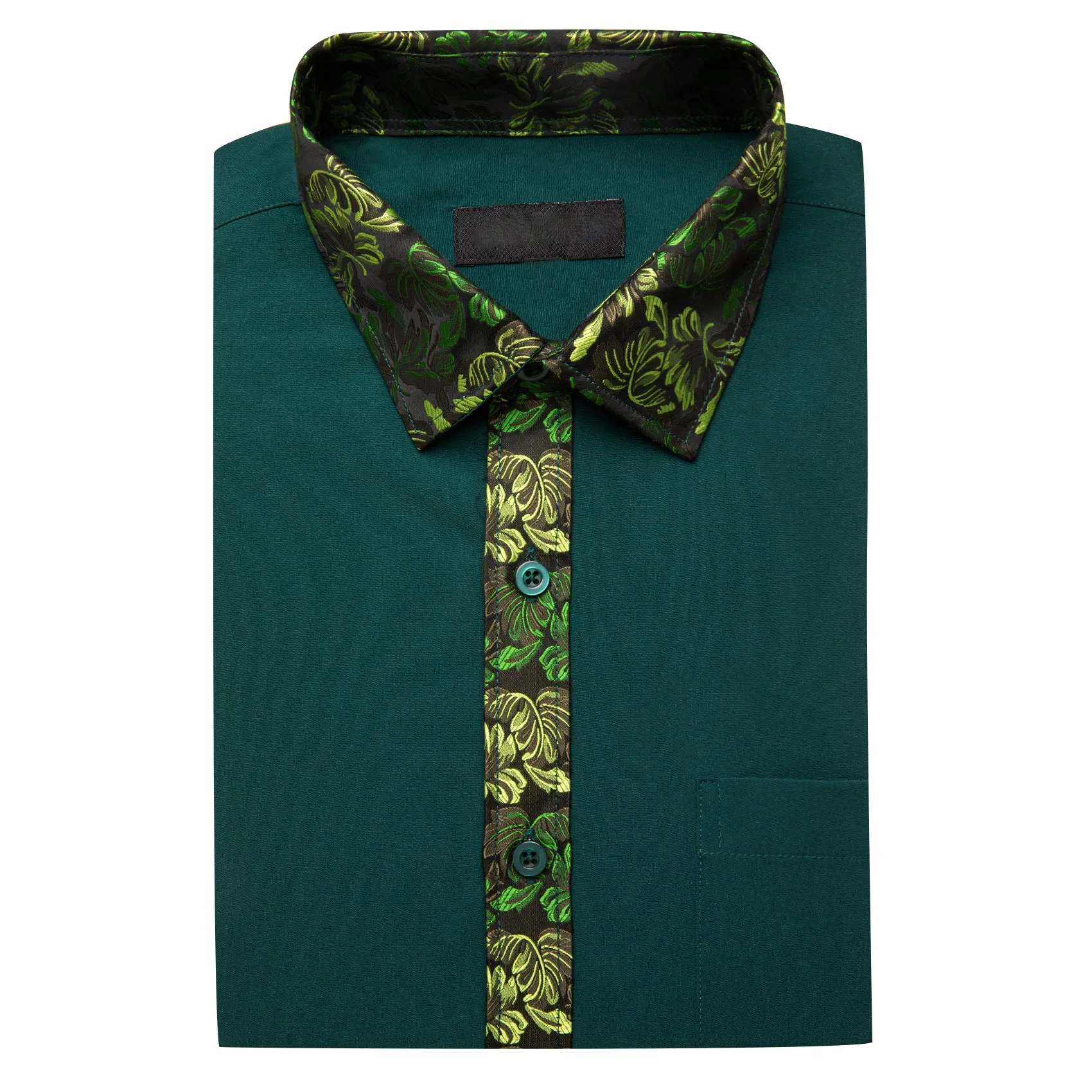 Splicing Style Dark Green with Yellow Green Floral Edge Men's Long Sleeve Shirt