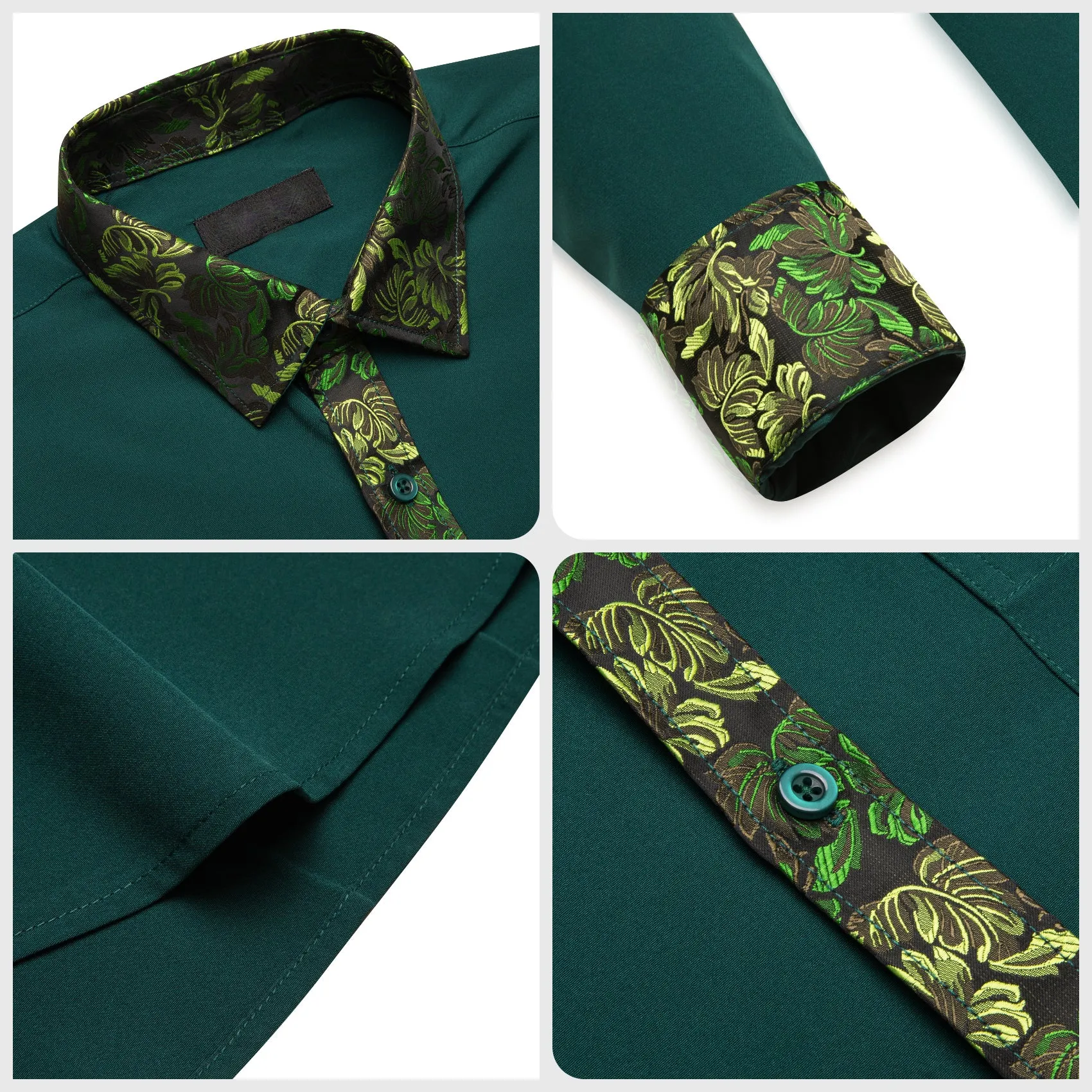 Splicing Style Dark Green with Yellow Green Floral Edge Men's Long Sleeve Shirt