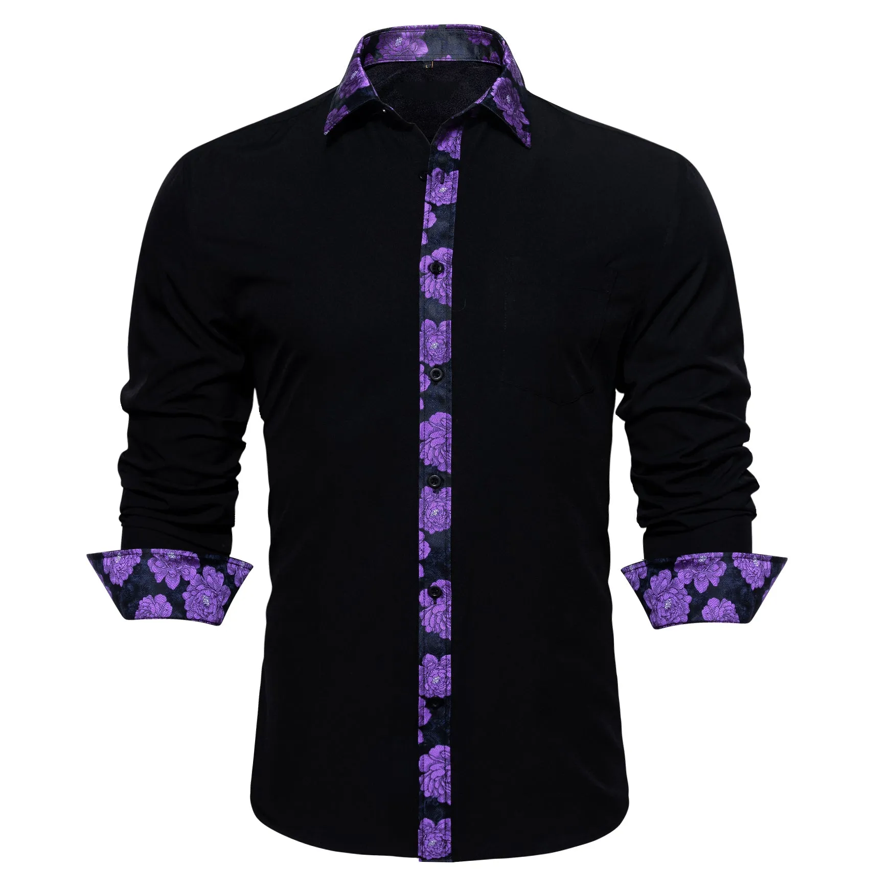 Splicing Style White with Purple Floral Edge Men's Long Sleeve Shirt