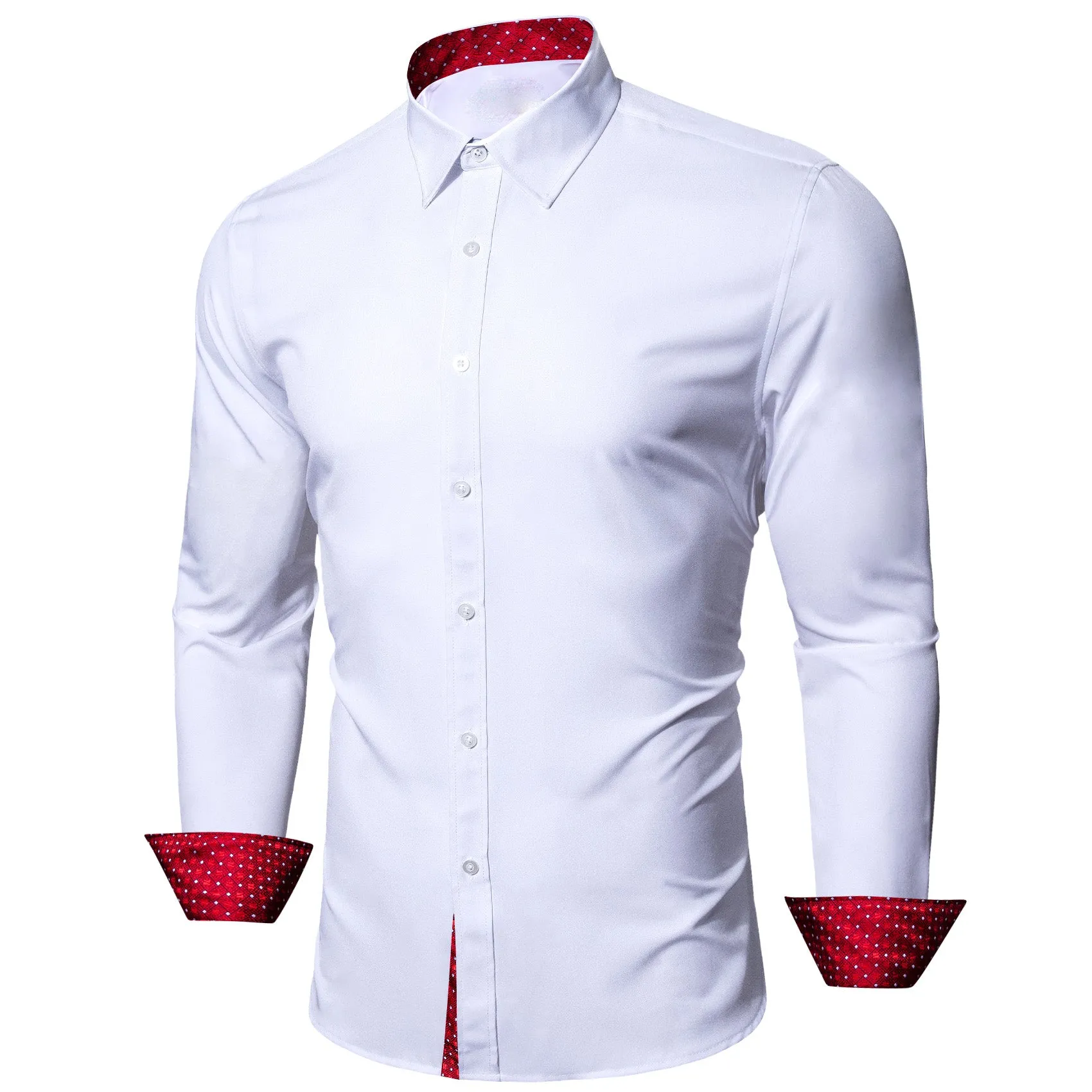 Splicing Style White with Red White Plaid Edge Men's Long Sleeve Shirt