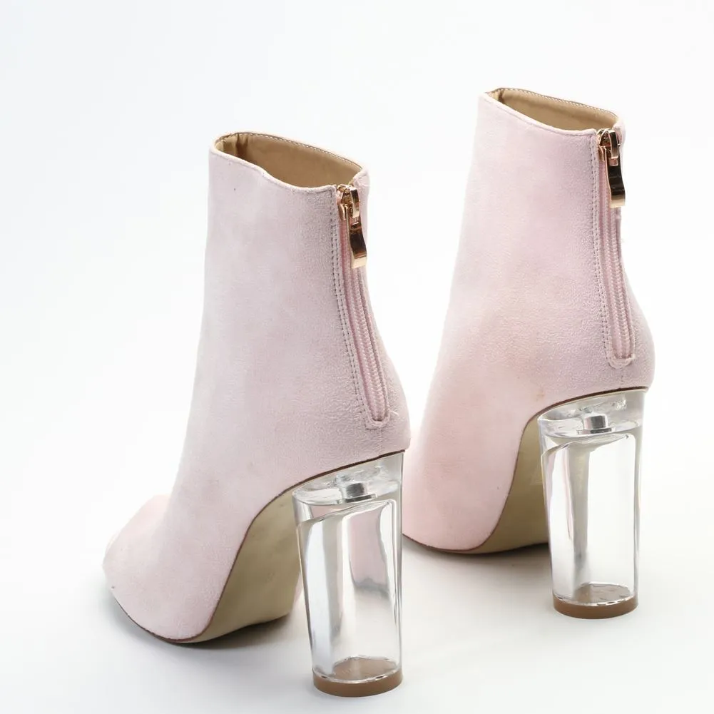 Star Clear Perspex Heel Ankle Boots in Pink Faux Suede