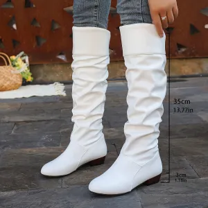 Stylish Women's Slouchy Boots - Pull-On, Chunky Heel, Round Toe, High Knee, Solid Color, Winter Boots - Comfortable, Trendy, and Warm