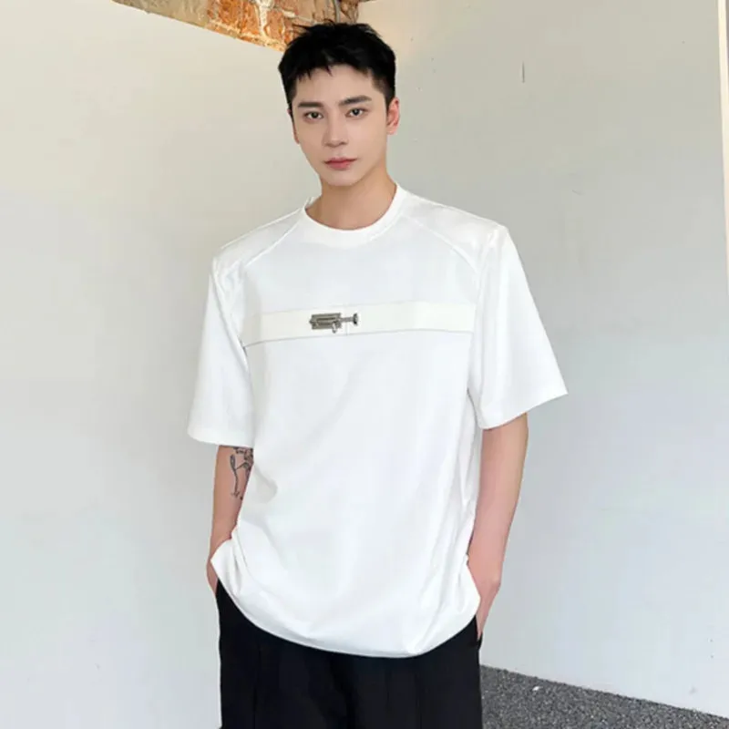 Summer Trendy Male T-shirt Round Collar Short Sleeve Top Personality Belt Metal Decoration Loose Casual T-shirts 9C5491