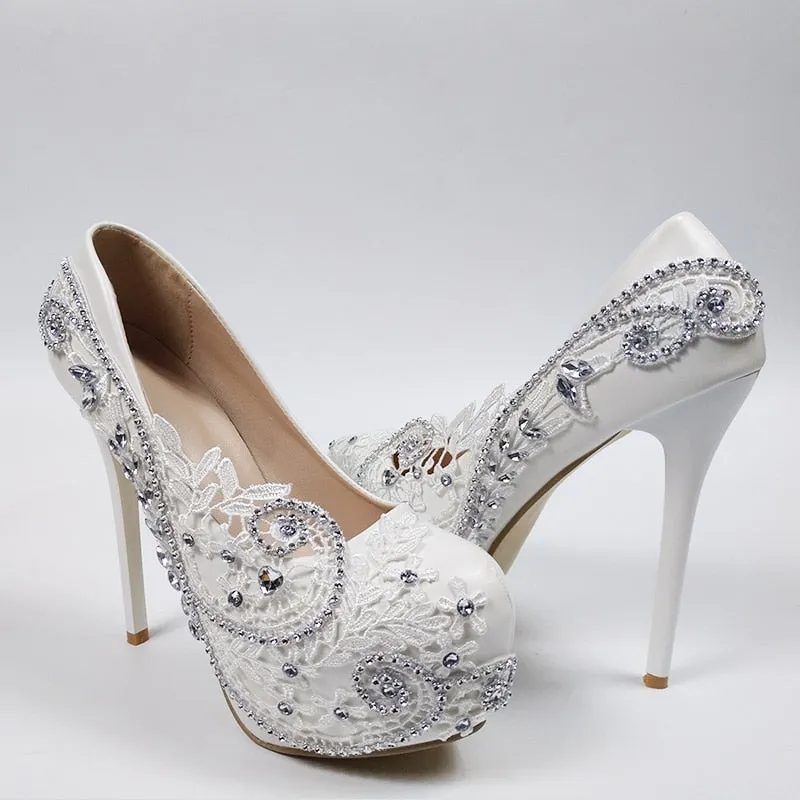 Super High Heel White Flower Wedding Bridal Party Shoes