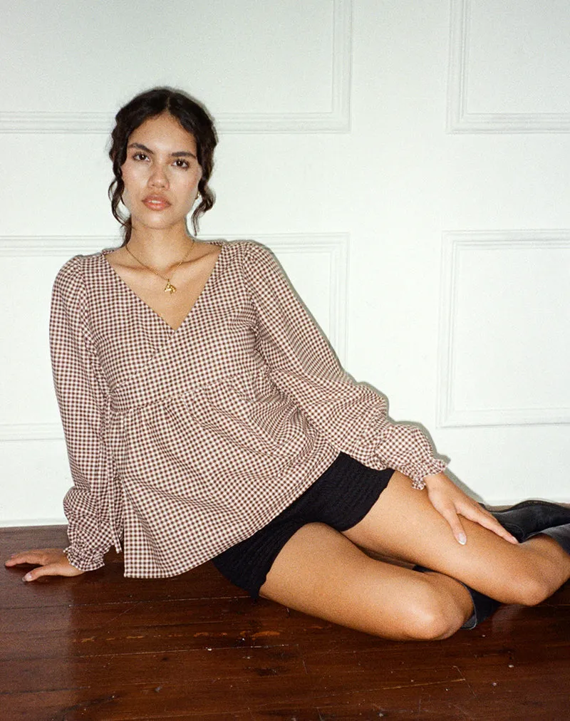 Suzumi Wrap Blouse in Mini Gingham Brown