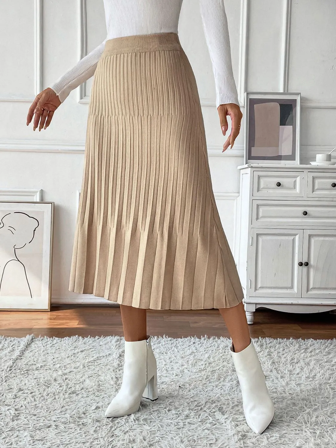 Tan Pleated Sweater Skirt