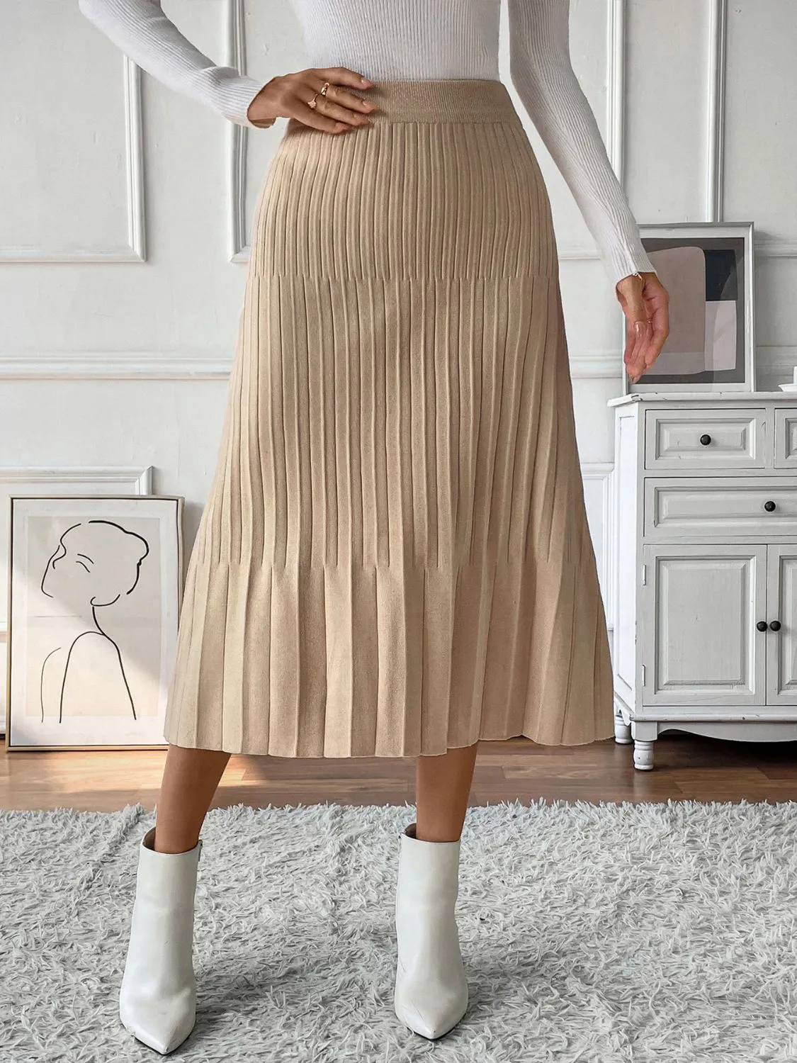 Tan Pleated Sweater Skirt