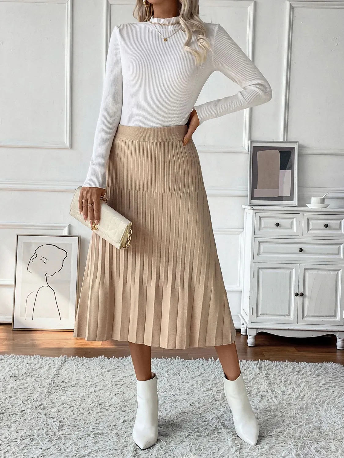 Tan Pleated Sweater Skirt