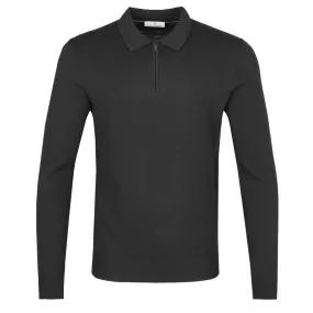 Thomas Maine Zip Knitted Long Sleeve Polo in Black