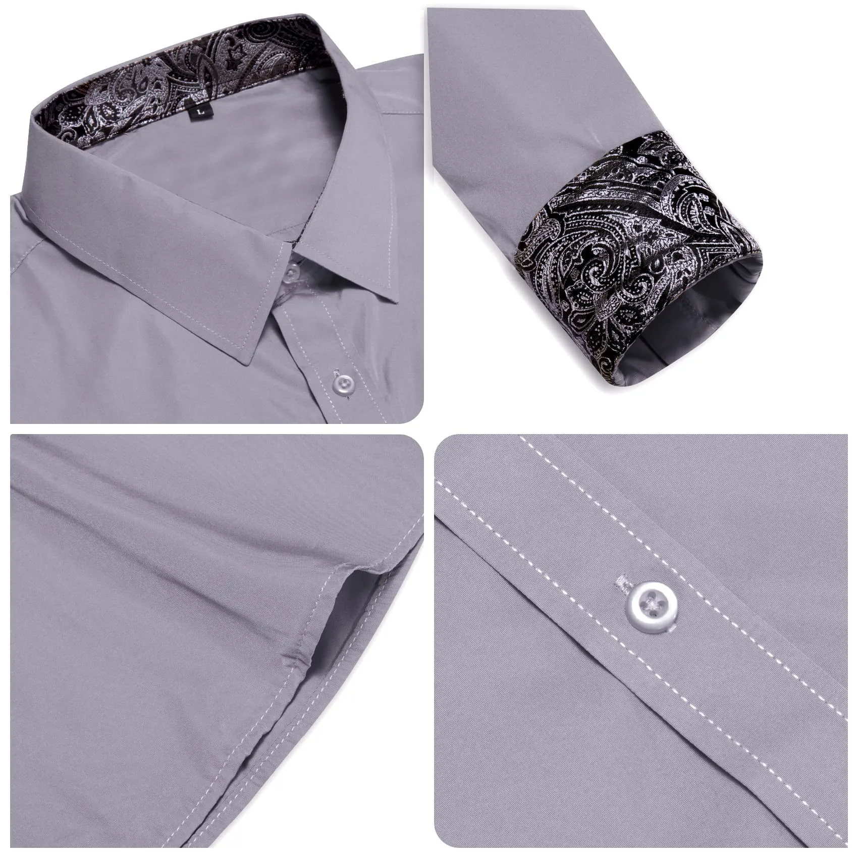 Ties2you Business Shirts Grey Solid Splicing Paisley Silk Mens Button Down Long Sleeve Shirt