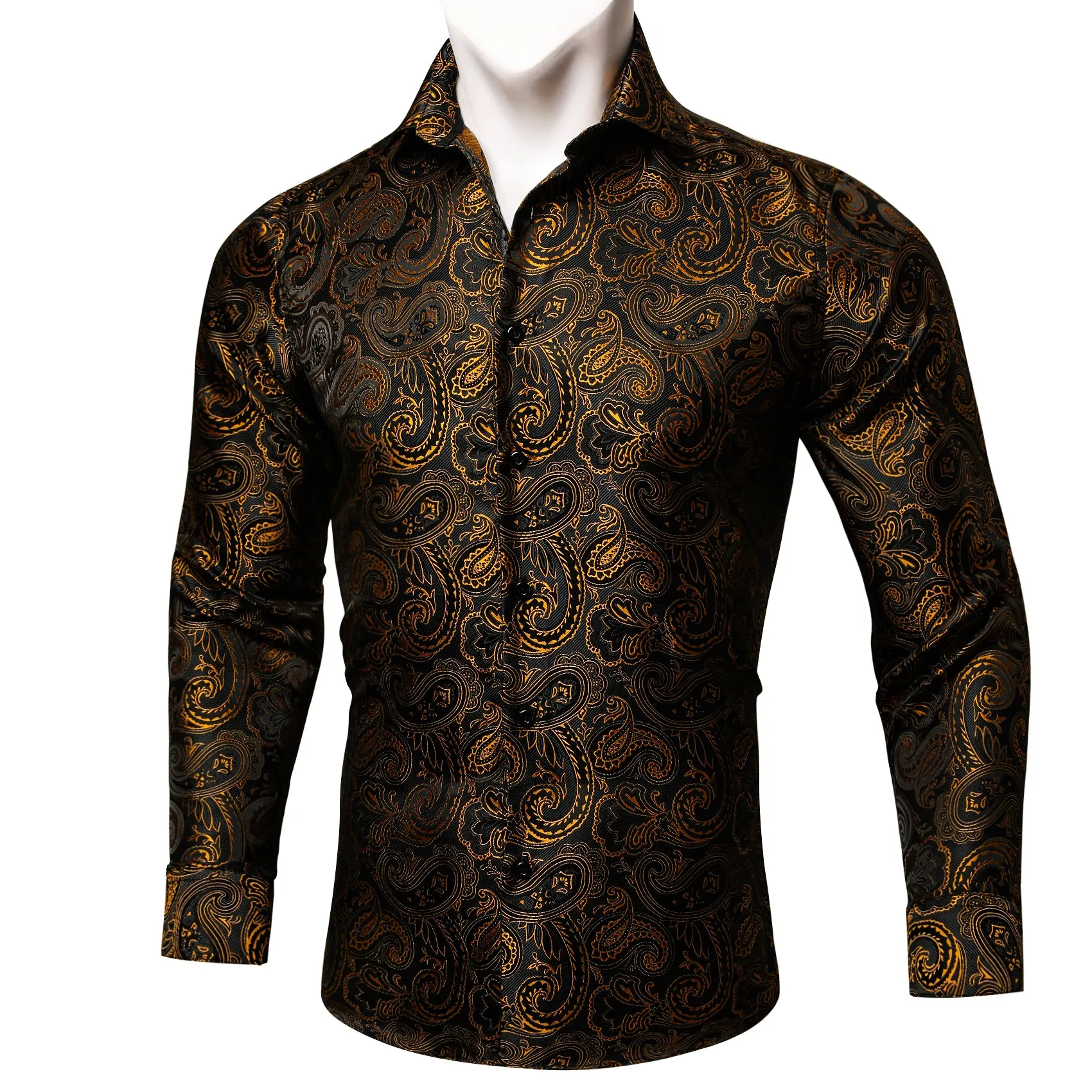 Ties2you Button Down Shirt Black Gold Jacquard Paisley Silk Men's Shirt Luxury