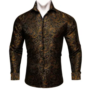 Ties2you Button Down Shirt Black Gold Jacquard Paisley Silk Men's Shirt Luxury