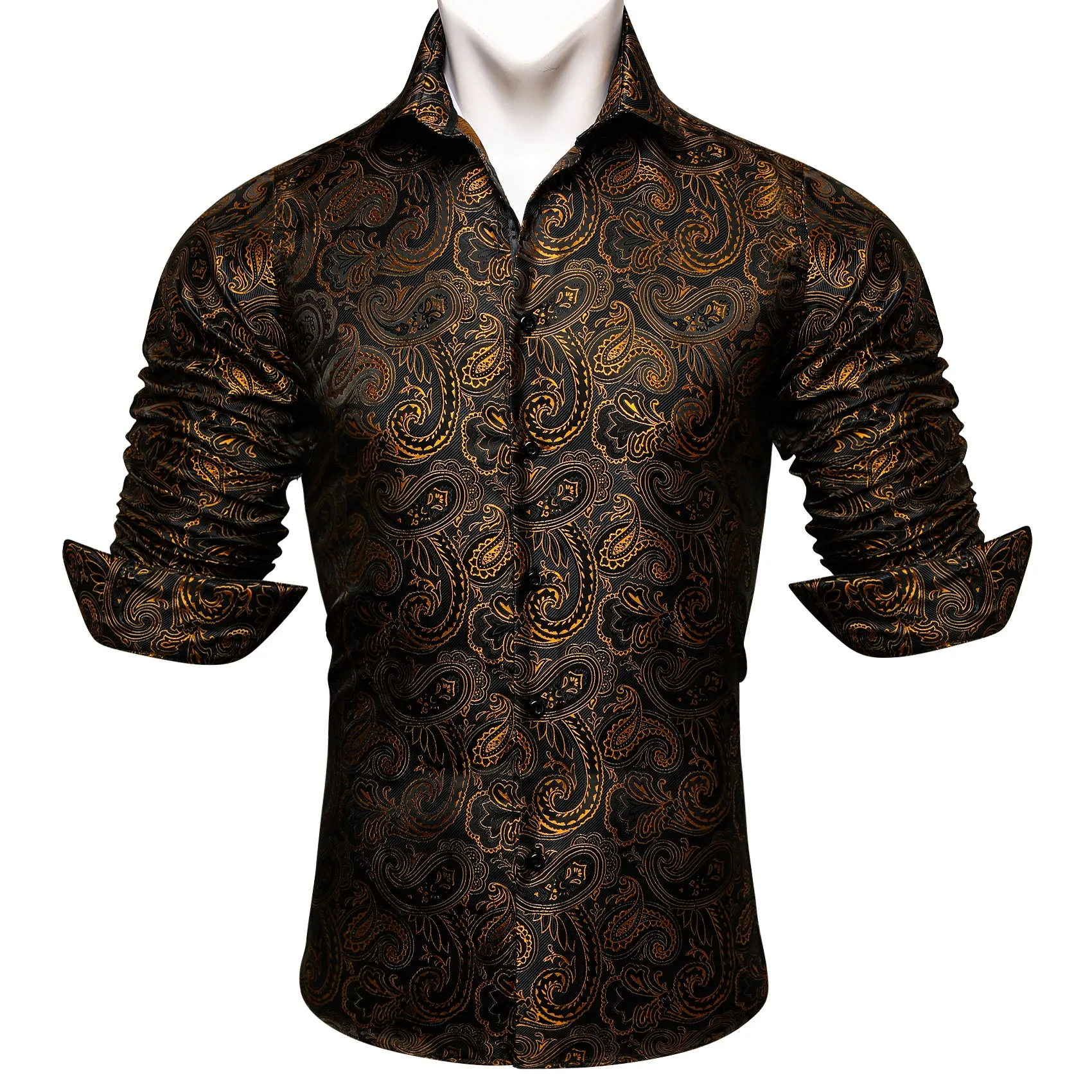 Ties2you Button Down Shirt Black Gold Jacquard Paisley Silk Men's Shirt Luxury