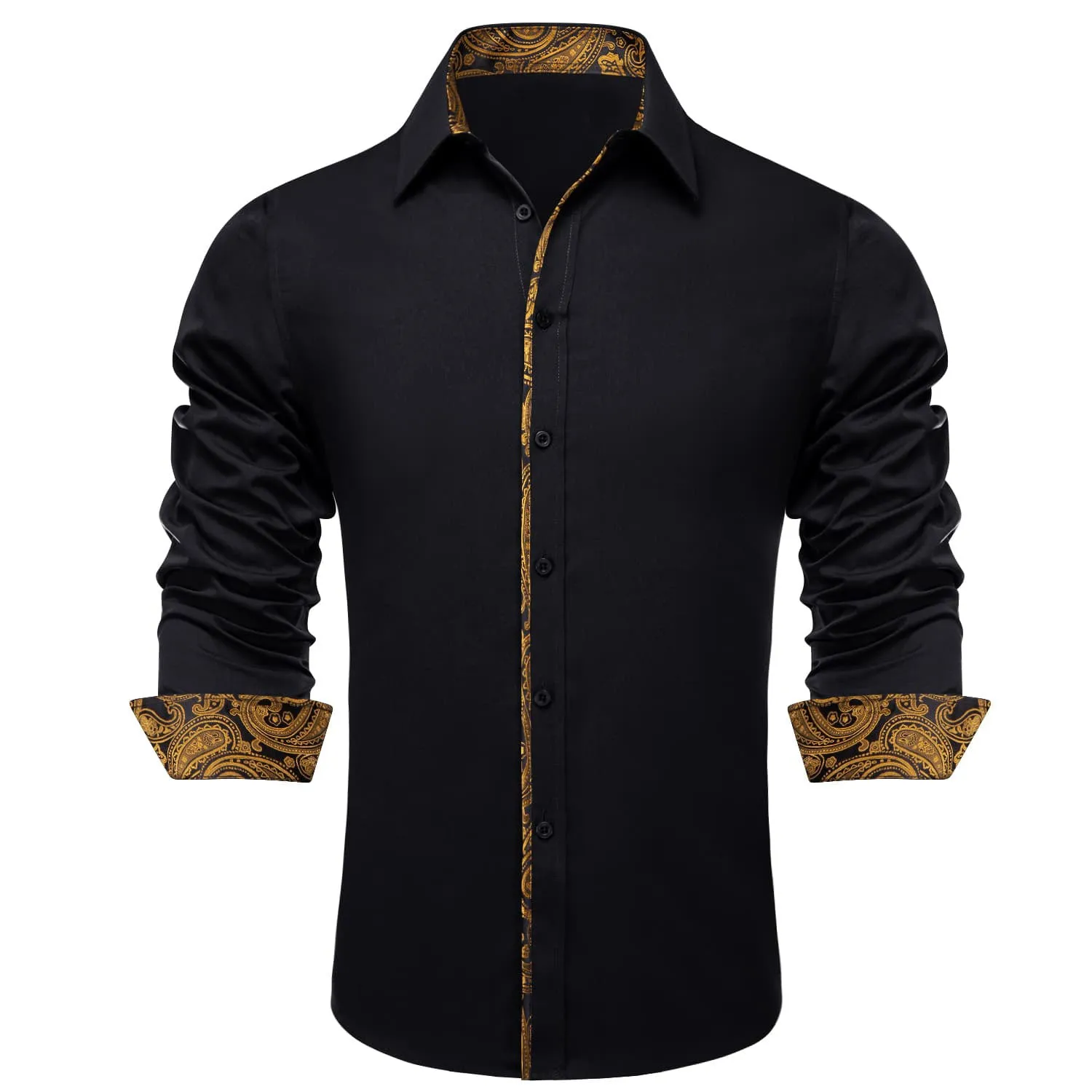 Ties2you Button Down Shirt Black Solid Gold Splicing Mens Silk Shirt