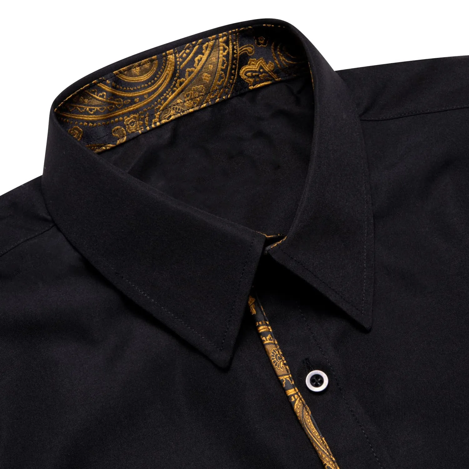 Ties2you Button Down Shirt Black Solid Gold Splicing Mens Silk Shirt