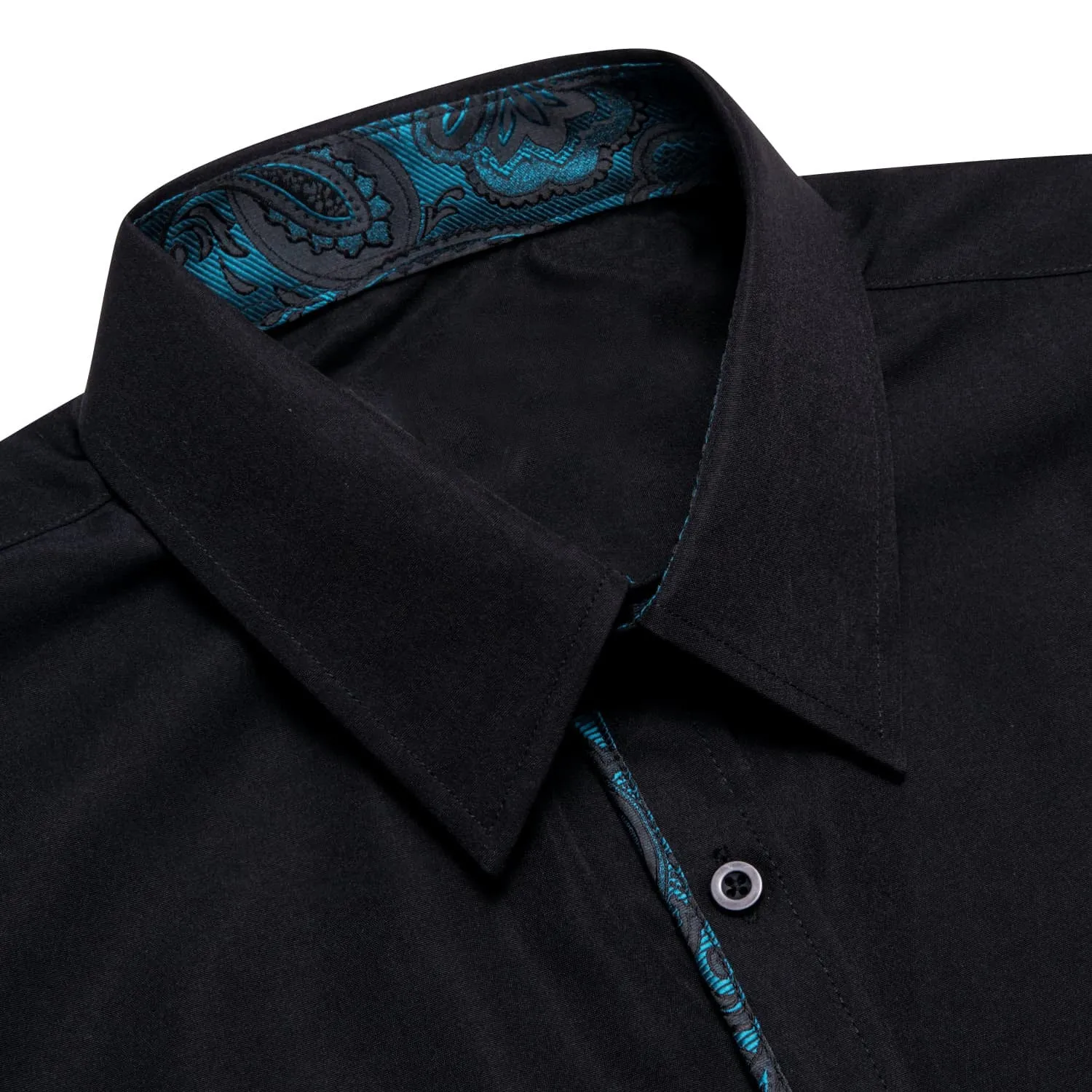 Ties2you Button Down Shirt Black Solid Teal Splicing Mens Silk Shirt