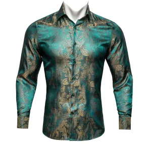 Ties2you Button Down Shirt Lake Blue Green Paisley Pattern Silk Men's Long Sleeve Shirt